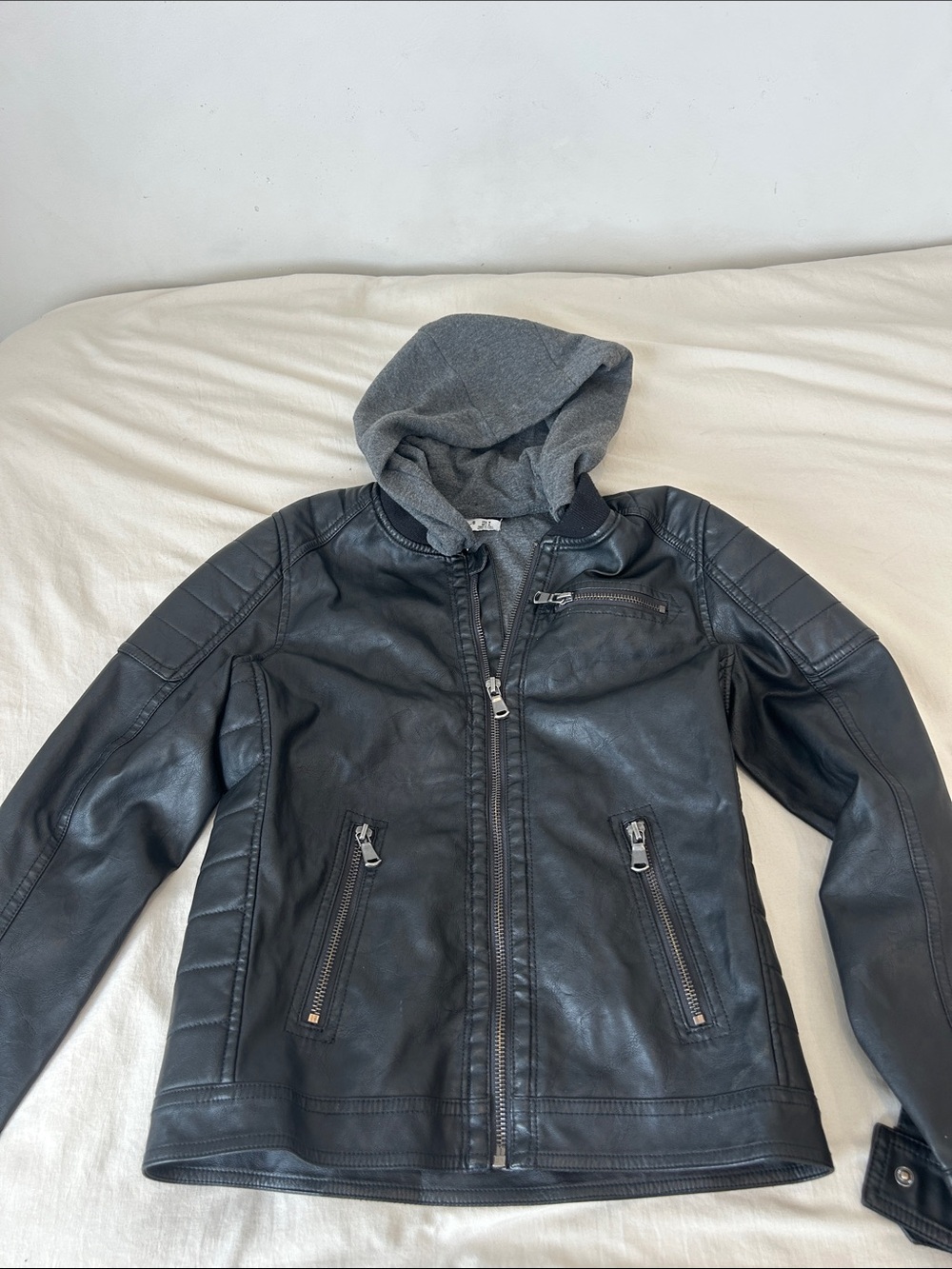 Dex Black Faux Leather Jacket with Gray Hooded Liner